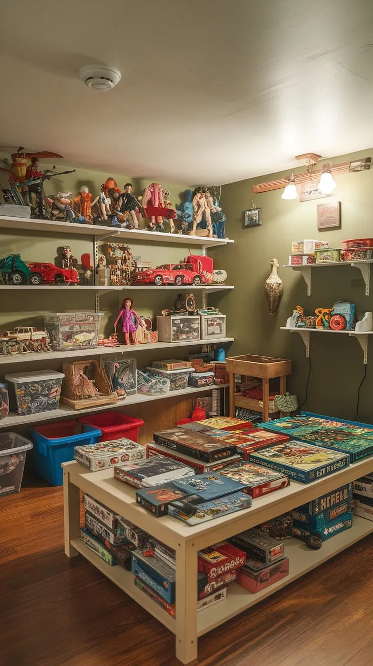 This basement toy room is a haven for imaginative play! Clever toy storage ideas and playroom storage ideas maximize space, keeping everything organized and accessible. The board game storage on the central table is a brilliant touch, while the green walls and playful decor create a fun home playroom atmosphere. Basement organization doesn't have to be boring—this space proves that with creative toy organization and thoughtful playroom decor.