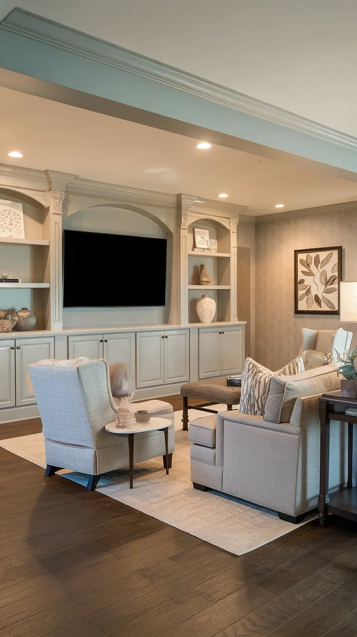 Escape to this dream basement, a testament to successful basement living. This transitional basement features a thoughtfully designed basement tv bar, perfect for entertaining. The warm lighting and comfortable seating create a welcoming atmosphere, while the stylish decor elevates this small basement into a luxurious home cinema room. A true testament to a stunning basement redo, this space showcases the potential of even the smallest basements.