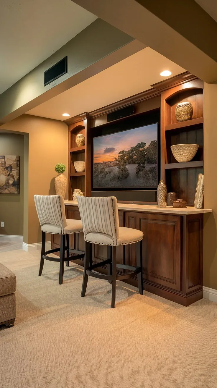 Warm lighting and a stylish basement TV bar define this dream basement redo. Even small basements can become luxurious basement living rooms with the right design—a testament to the power of a thoughtful home basement transformation.