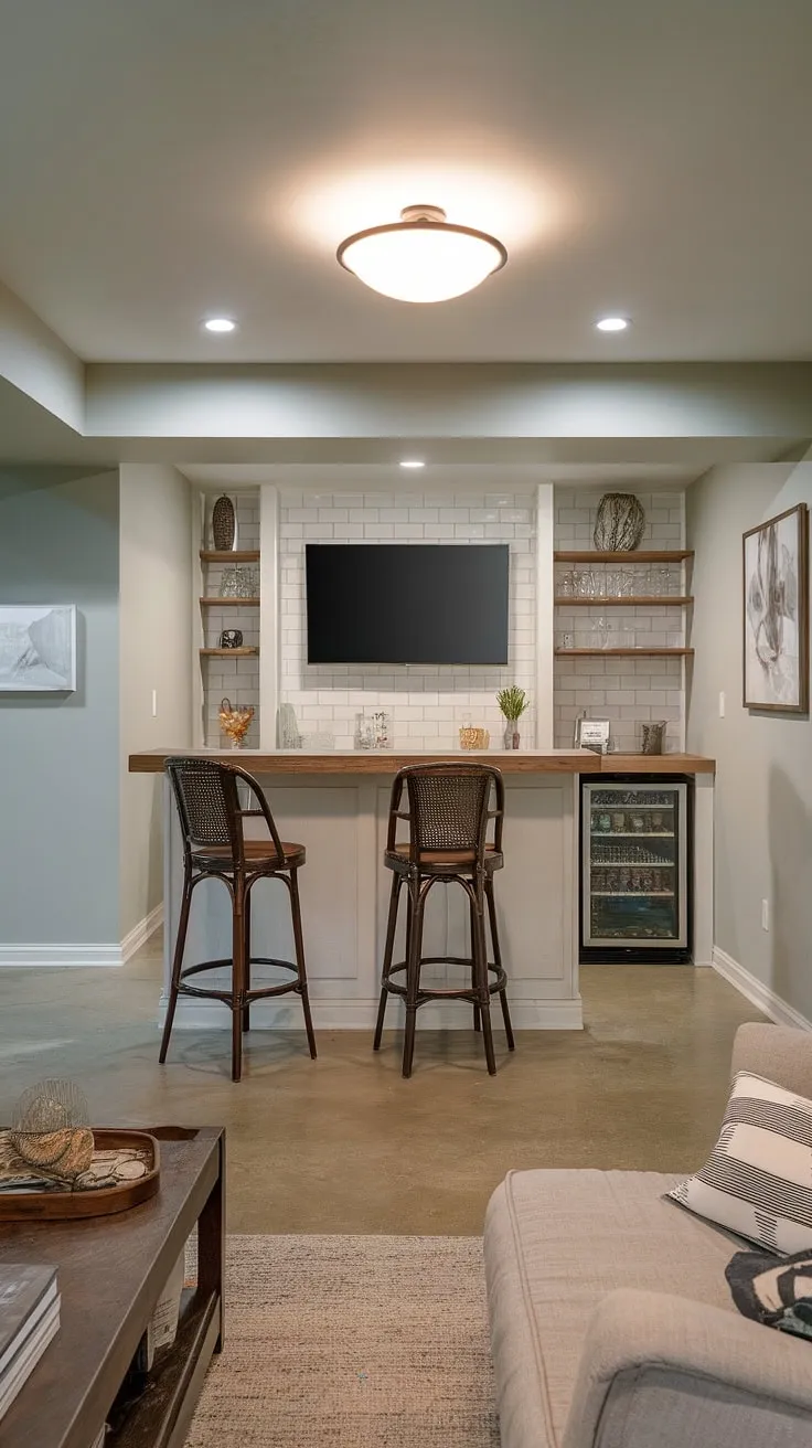 This basement redo is a stunning example of basement living at its finest. The thoughtfully designed basement tv bar fits seamlessly into this transitional basement, creating a sophisticated yet relaxed atmosphere. Even in small basements, a dream basement is achievable, as evidenced by this inviting space, complete with comfortable seating and a mini-fridge. Perfect for movie nights, this home basement functions equally well as a basement living room and a home cinema room.