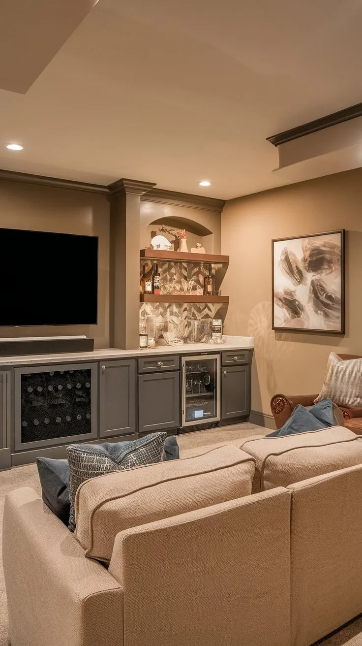 This dream basement redo transformed a small basement into a stunning multi-functional space. The transitional basement design seamlessly blends a cozy home cinema room with a convenient basement tv bar, complete with a mini-fridge and counter. Warm grey walls create a sophisticated backdrop for comfortable seating and the large screen TV, making this home basement the ultimate in basement living. This basement living room is the perfect example of maximizing space in even the smallest basements.