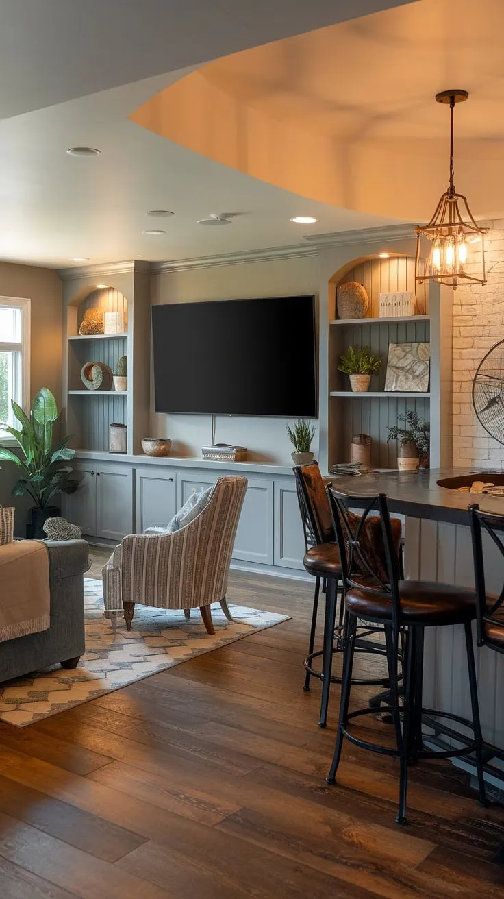 Transform your home basement into a luxurious basement living room. This basement TV bar showcases a perfect blend of style and functionality in a transitional basement design. The ultimate basement living space for relaxation and entertainment.