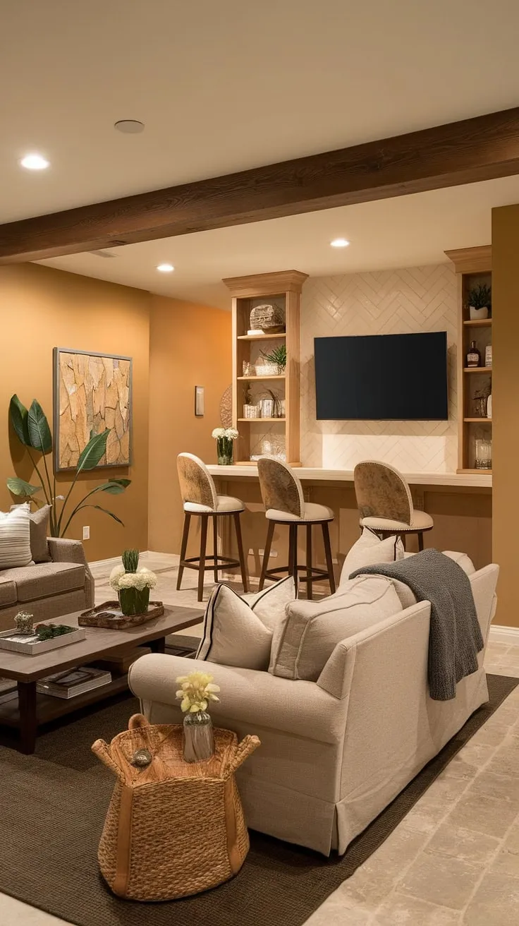 This basement redo is a game-changer. A cozy basement living room meets a stylish basement tv bar, proving that even small basements can become incredible home basement escapes. The perfect basement living solution.