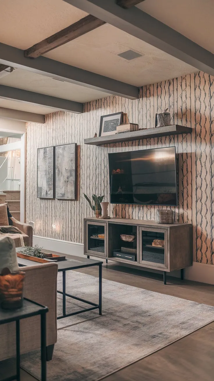 Transforming a small basement into a functional and stylish space? This basement tv bar is the perfect example of a successful basement redo. The transitional basement design effortlessly blends modern and rustic elements, creating a dreamy ambiance perfect for basement living. From the unique wallpaper to the cozy seating area, this home basement is a testament to how even small basements can become inviting home cinema rooms or comfortable basement living rooms.
