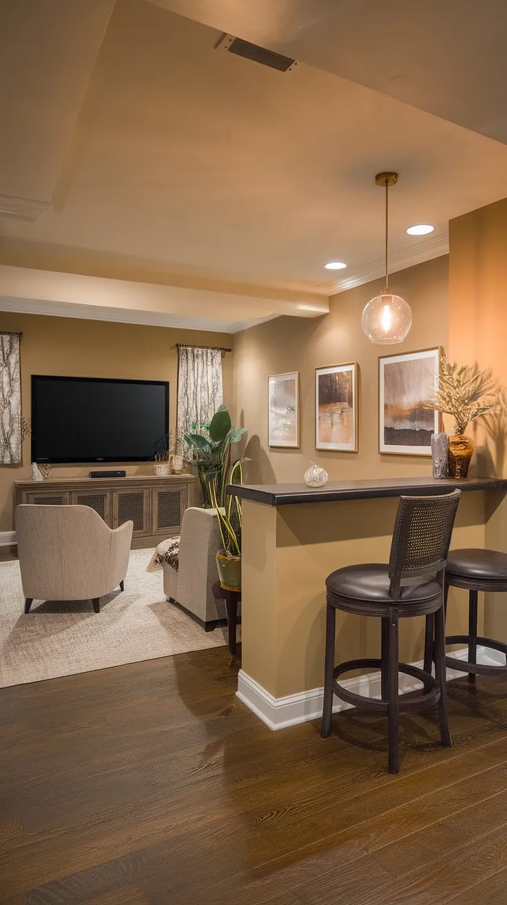 Transforming a small basement into a stunning living space? This basement redo showcases how a transitional basement design can create a dream basement. Featuring a home cinema room with a large screen TV and a sophisticated basement tv bar, this basement living room is the ultimate entertainment hub. The warm color palette and dark wood floors contribute to the dreamy ambiance, making this home basement a true escape.