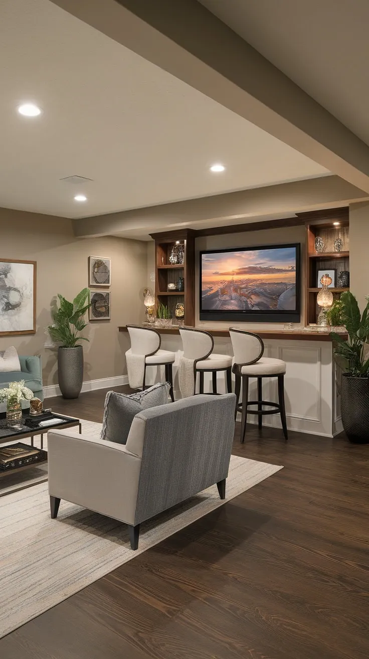 Transform your home basement into a dream basement with this inspiring basement TV bar design. The transitional basement features a comfortable living area and a dedicated home cinema room, proving that basement living can be luxurious.