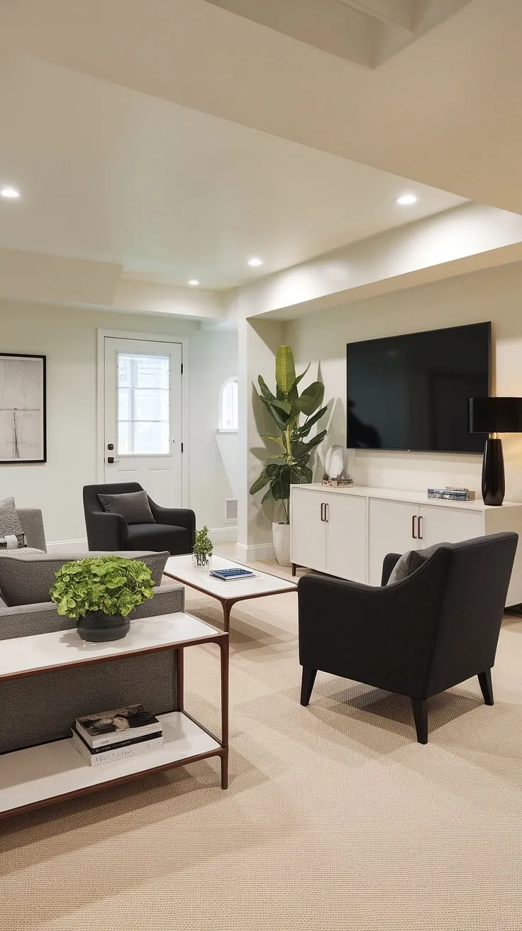 This basement redo is a stunning example of how to maximize space and style in even small basements. The thoughtfully designed basement tv bar, featuring a sleek black TV and white cabinetry, seamlessly blends into the overall transitional basement aesthetic. This home basement is now a dream basement, a perfect blend of comfort and entertainment, ideal for basement living. The addition of a comfortable seating area transforms this space into a functional and inviting basement living rooms, perfect for movie nights or quiet evenings.