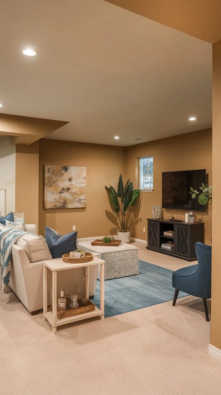 This dreamy basement living room, a stunning example of a transitional basement design, transforms a small basement into a cozy and functional space. The beige walls and carpet create a warm atmosphere, complemented by the comfortable beige sofa, blue accent chair, and stylish TV bar. This basement redo is the perfect home cinema room, showcasing how even small basements can be maximized for comfortable basement living.