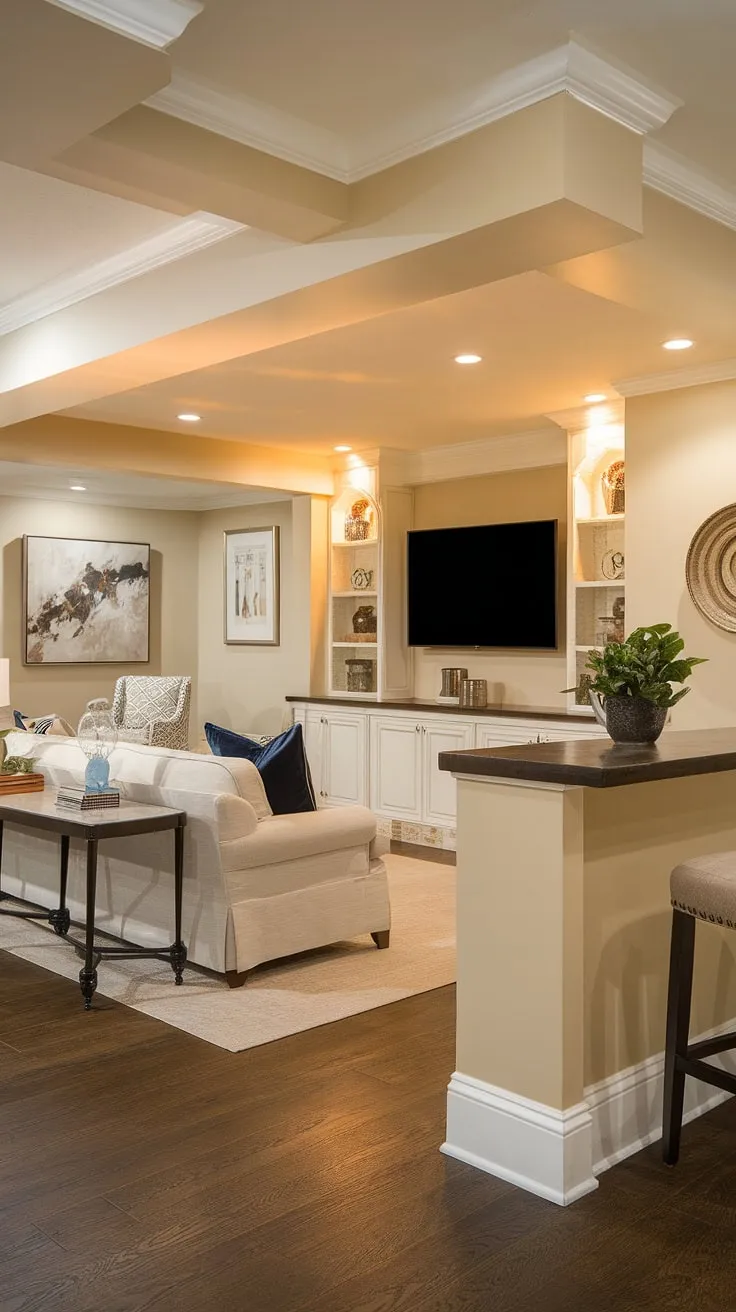 This transitional basement boasts a cozy TV bar, transforming this small basement into a dream basement. The warm lighting and comfortable seating create the perfect home cinema room for relaxing evenings, showcasing a stunning basement redo and maximizing basement living space. Dark hardwood floors complement the soft beige walls, making this home basement a truly inviting basement living room.