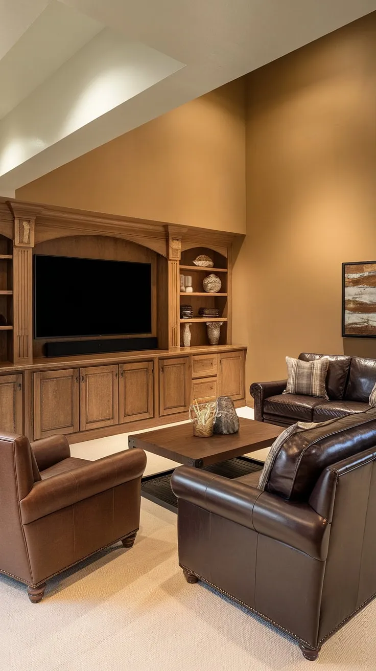 Escape to this dream basement, a transitional haven featuring a stunning basement TV bar perfect for movie nights. This basement redo transformed a small basement into a luxurious home cinema room, proving that even basement living can be extraordinary.