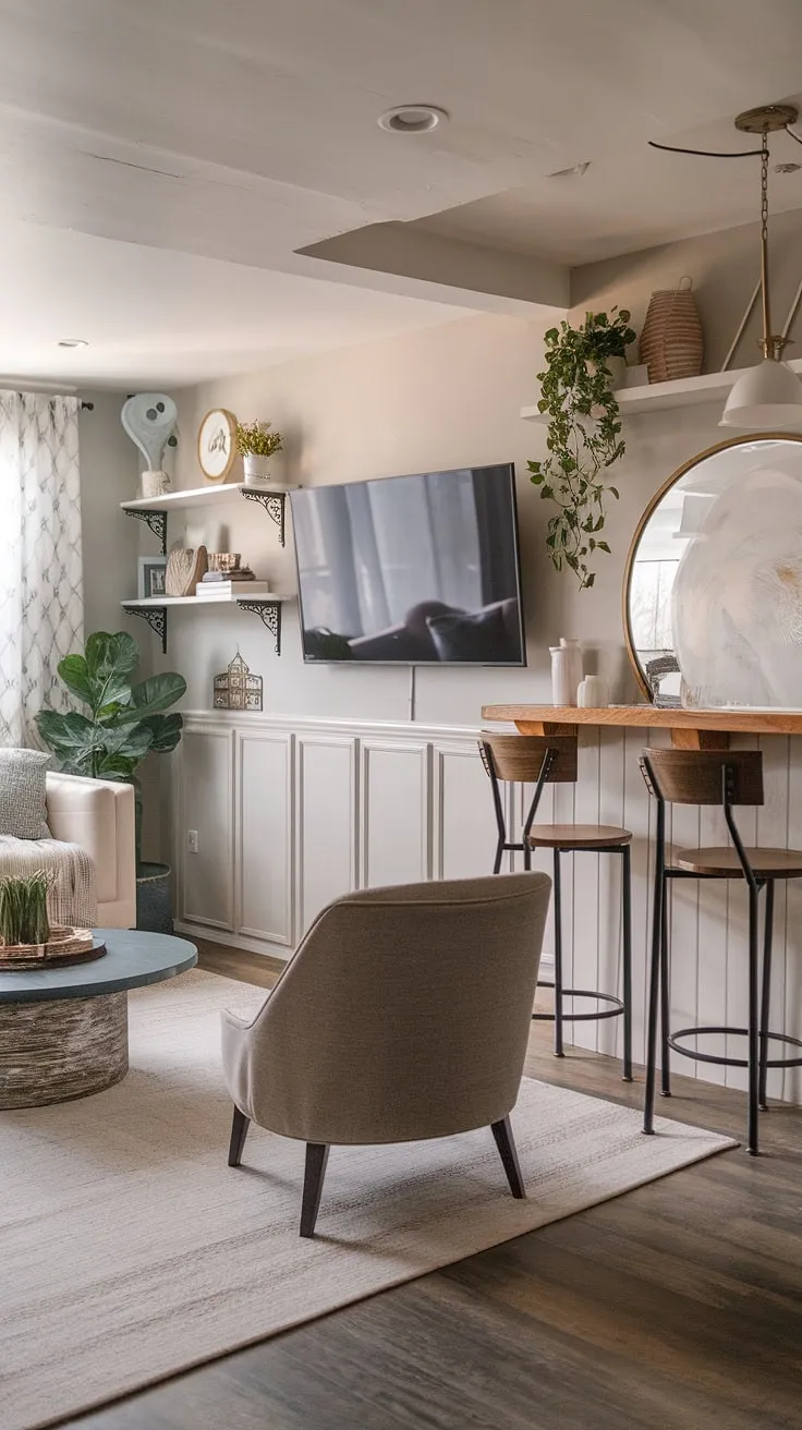 Escape to your dream basement: this transitional basement redo boasts a cozy basement tv bar, perfect for movie nights and relaxed evenings in your home basement. The perfect blend of basement living rooms and home cinema room, even small basements can achieve this level of sophisticated comfort.