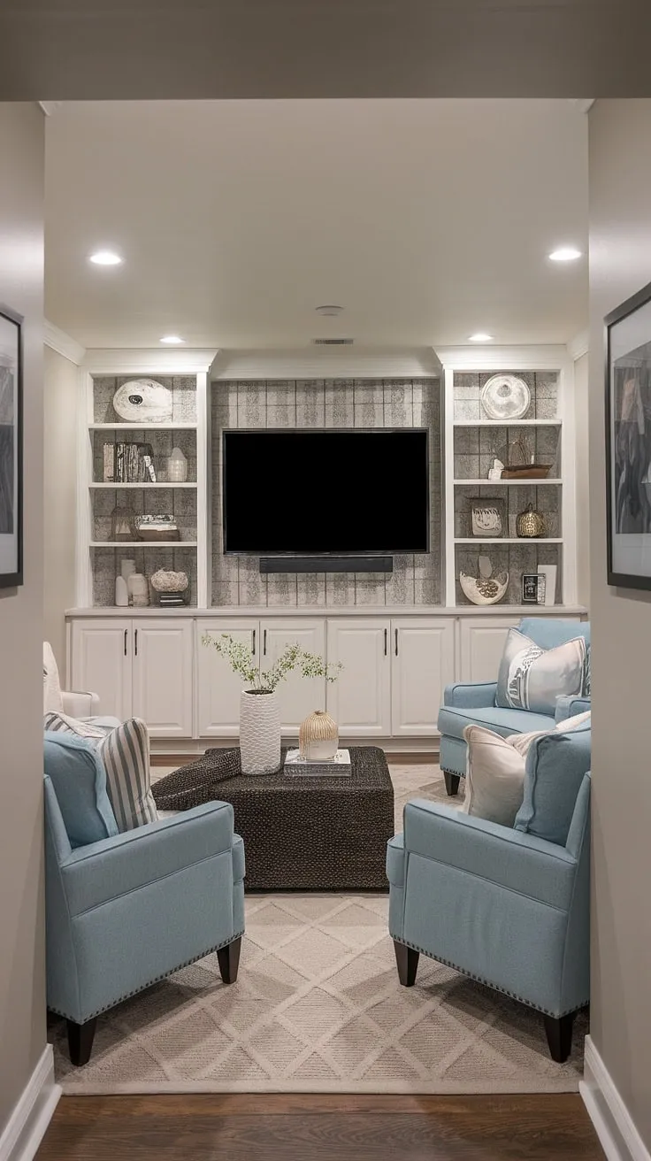 This transitional basement boasts a dream basement setup, proving that even small basements can become amazing basement living rooms. The clever basement redo features a stylish basement tv bar and comfortable seating, transforming this home basement into a cozy home cinema room perfect for movie nights and entertaining.