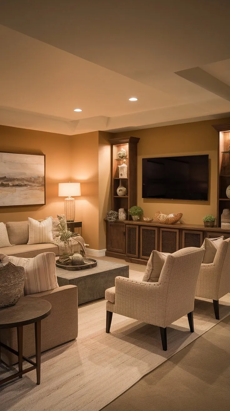 Basement living redefined. This basement TV bar and home cinema room is the ultimate upgrade for any home basement. A stunning example of basement living rooms done right, even in smaller spaces.