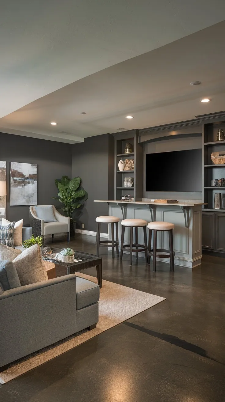 This dream basement is the ultimate definition of basement living, showcasing a stunning basement redo. The transitional basement design seamlessly blends a home cinema room with plush seating and a stylish basement tv bar complete with stools, all within a sophisticated dark gray palette. Even small basements can achieve this level of luxury and functionality, transforming the space into a coveted basement living room.