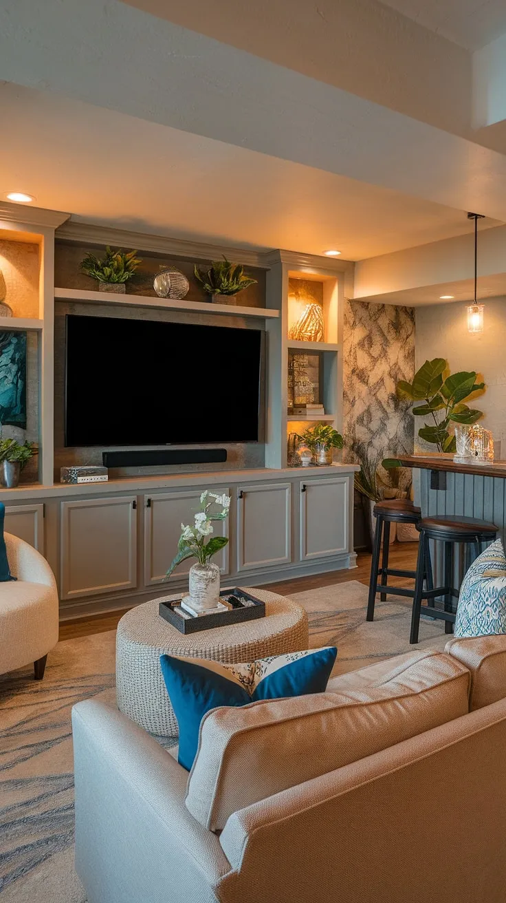 Transforming a home basement into a haven: This basement TV bar showcases how a basement redo can create a stylish and functional basement living room. The perfect blend of comfort and contemporary design for your dream basement, even in small basements.