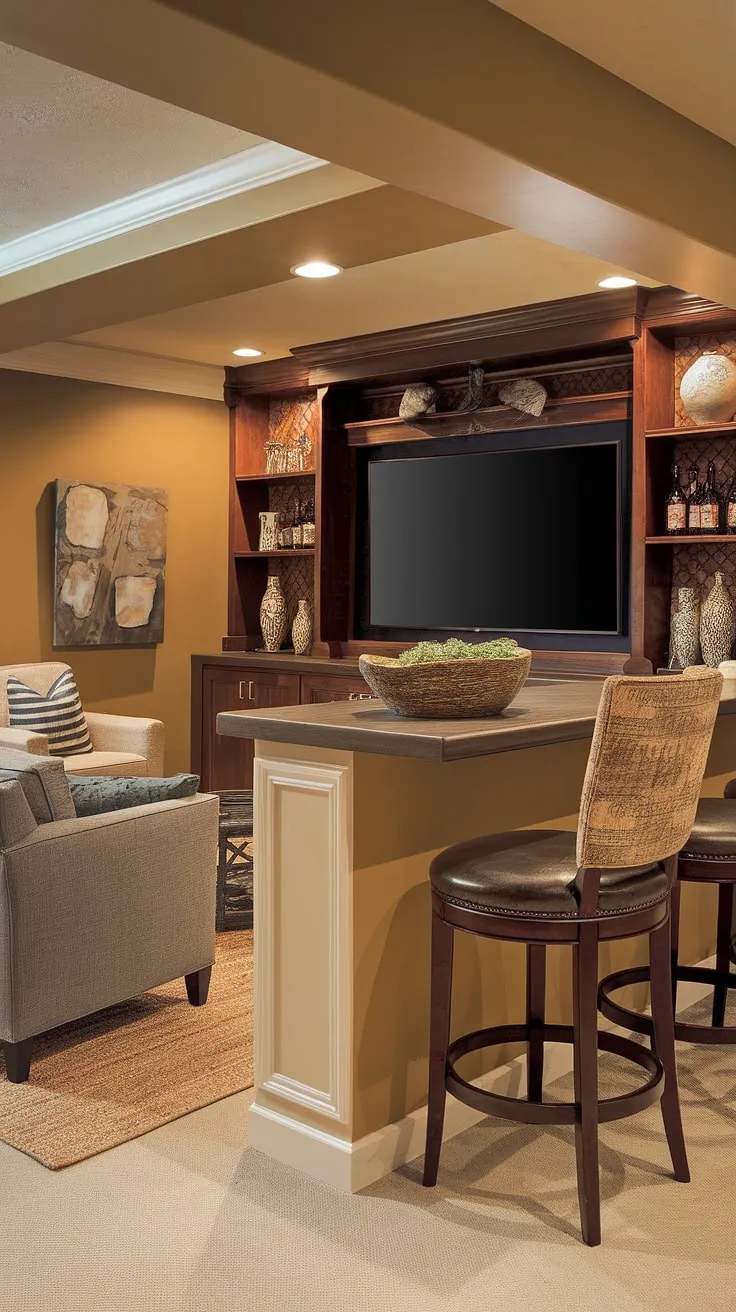 This transitional basement is the definition of a dream basement setup. A clever basement redo transformed this small basement into a cozy haven, complete with a basement tv bar, comfortable seating perfect for movie nights in the home cinema room, and a stylish basement living room. The result is a functional and inviting basement living space that maximizes every inch.