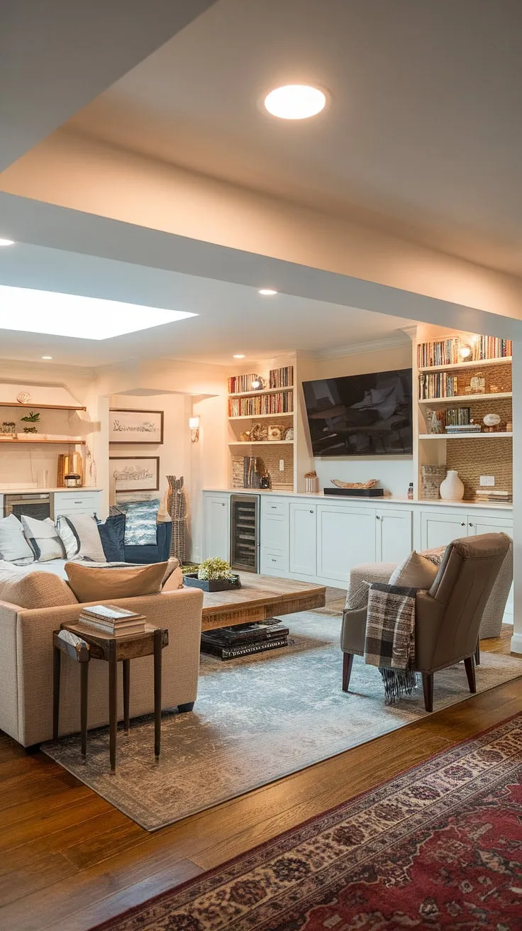 This dream basement is the ultimate definition of basement living! A stunning basement redo transformed this small basement into a cozy and functional transitional basement, complete with a basement tv bar, perfect for movie nights in your home cinema room. The hardwood floors, ample natural light from the skylight, and comfortable sectional sofa create a warm and inviting atmosphere in these basement living rooms.