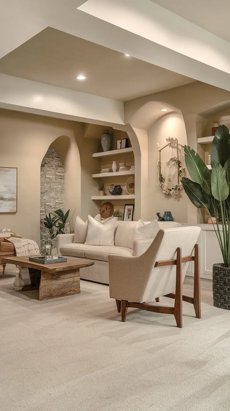 This transitional basement boasts a dreamy atmosphere, perfectly blending cozy living with a dedicated TV bar. The beige sofa and wooden accents create a warm and inviting space, ideal for movie nights or relaxing evenings. This basement redo showcases how even small basements can be transformed into stunning basement living rooms, a true home cinema room and a testament to smart basement living.