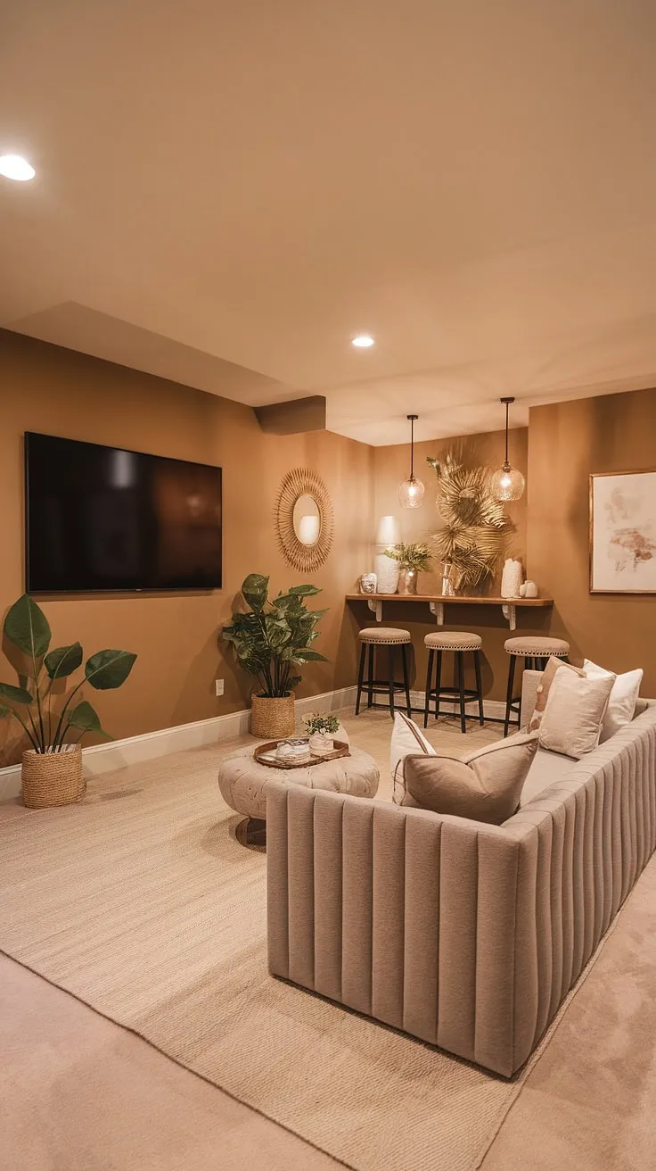 This basement redo is the ultimate basement living goal! This transitional basement design cleverly incorporates a basement tv bar into a cozy and inviting home basement. The result? A dream basement and a stunning home cinema room, perfect for entertaining or relaxing. Even small basements can be transformed into luxurious basement living rooms with thoughtful design, as seen in this stunning space.