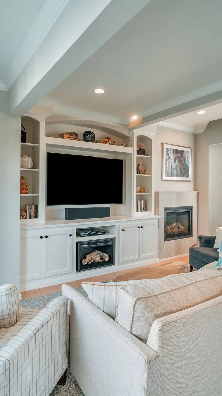 This basement transformation is a home run! The light gray paint perfectly complements the built-in entertainment center, showcasing clever basement built-in storage solutions and a stunning basement fireplace built ins. The man cave entertainment center boasts a large TV, DVD player, and sound system, all seamlessly integrated into the built-in cabinets. This is prime real estate for movie nights, showcasing fantastic built-in decor ideas and offering inspiration for your own entertainment center ideas. The built in entertainment center paint colors are a masterclass in understated elegance.