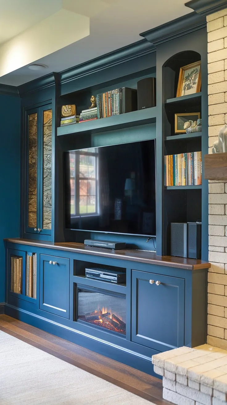 This deep blue basement tv wall is the ultimate man cave entertainment center, featuring a built-in entertainment center complete with a large TV, DVD player, and sound system. The built-in cabinets offer ample basement built in storage, while the built-in fireplace adds warmth and ambiance. Clever built in decor ideas are showcased on the shelves, proving that even a basement can be stylish. This is a prime example of basement entertainment center and built in entertainment center paint colors done right.