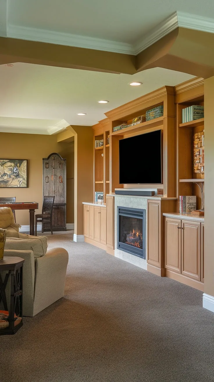 Escape to this expertly designed basement entertainment center. The built-in entertainment center boasts a striking basement TV wall, seamlessly integrated built-in cabinets, and a cozy basement fireplace built-ins. The warm beige of the built in entertainment center paint colors creates a welcoming ambiance, while the dark gray carpet adds a touch of sophistication. With ample basement built-in storage and a dedicated man cave entertainment center complete with a sofa and game table, this space is the ultimate blend of style and functionality. Consider this your go-to source for built-in decor ideas.