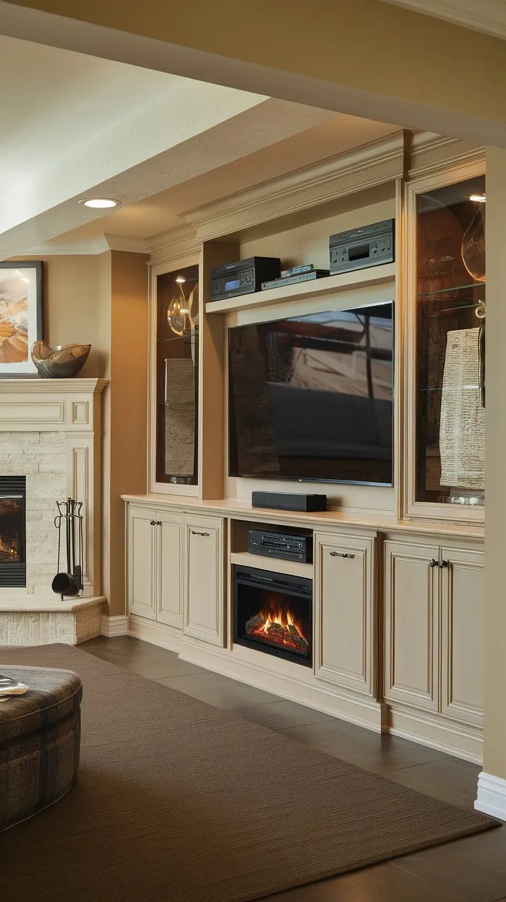 Basement fireplace built-ins and a stunning built-in entertainment center redefine basement living. The built-in cabinets offer smart storage solutions, and the neutral built-in entertainment center paint colors create a warm ambiance. Endless entertainment center ideas come to life in this cozy retreat.