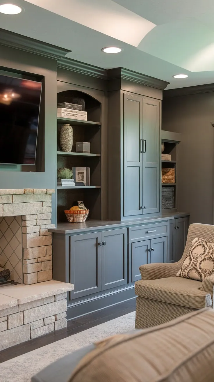 This sophisticated basement entertainment center boasts a large basement tv wall, seamlessly integrated with built-in cabinets and shelves for ample basement built in storage. The dark gray built in entertainment center paint colors create a masculine vibe, perfect for a man cave entertainment center. A cozy chair sits invitingly before the stone-surround basement fireplace built ins, showcasing clever built in decor ideas and offering inspiration for your own entertainment center ideas.