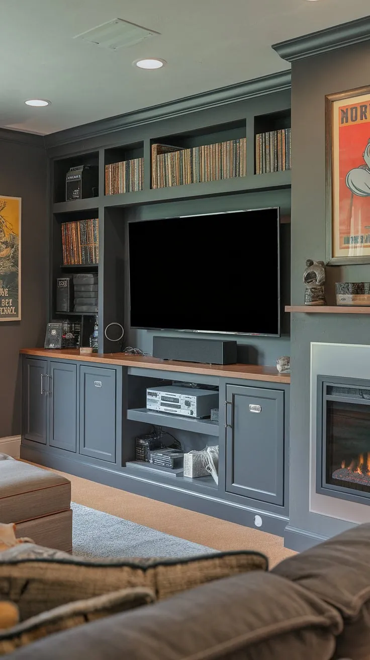 Escape to this incredible basement entertainment center. The built-in entertainment center, complete with a basement TV wall, fireplace, and basement built-in storage, is a masterclass in entertainment center ideas. Perfect built in cabinets and a sophisticated color palette make this man cave entertainment center a true showstopper.