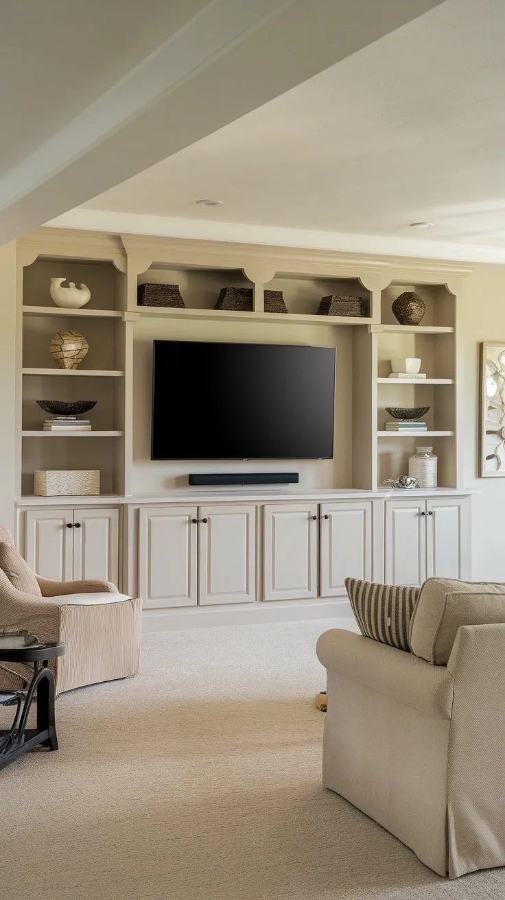 Transform your basement into a cozy retreat with this custom basement entertainment center. The built-in design maximizes space, offering clever basement built-in storage solutions. Consider these built-in entertainment center paint colors for your next project. Inspiration for your own entertainment center ideas and basement fireplace built ins.