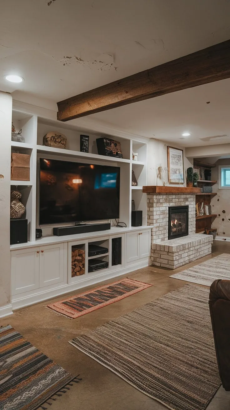 Ultimate man cave goals: This basement entertainment center, featuring a basement TV wall and built-in fireplace with basement built-in storage, is pure perfection. Built-in cabinets and thoughtful built-in decor ideas create a cozy and masculine space. Consider this your inspiration for future entertainment center ideas and built in entertainment center paint colors.