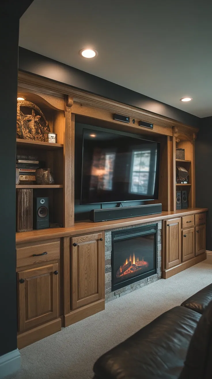 Dark grey walls and a rustic vibe define this basement entertainment center, featuring a built-in entertainment center with a fireplace, built-in cabinets, and clever basement built in storage solutions. Explore these built in entertainment center paint colors for your own space.