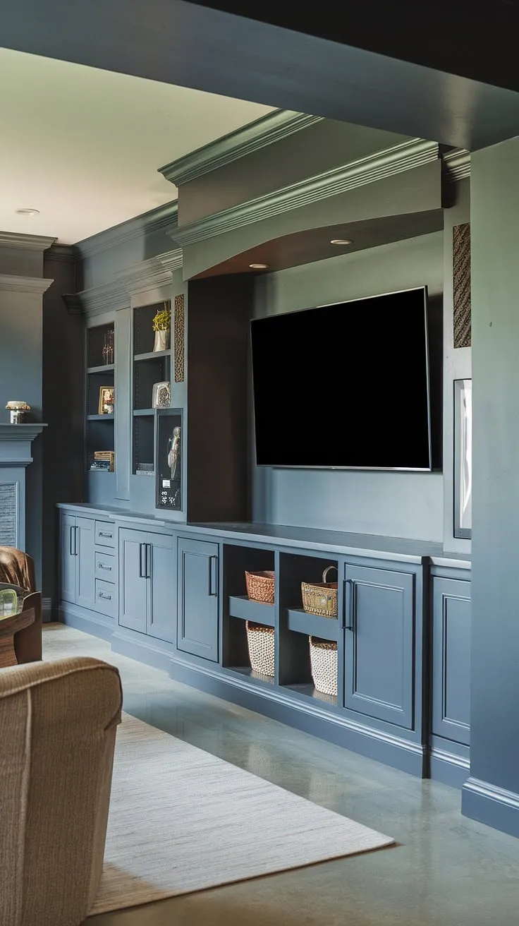 This sophisticated basement entertainment center boasts a large TV mounted on the basement tv wall, seamlessly integrated with built-in cabinets and shelves. The dark gray paint color, a smart choice from our built in entertainment center paint colors selection, complements the built-in fireplace and provides a masculine touch, perfect for a man cave entertainment center. Ample basement built in storage is cleverly incorporated, showcasing excellent built in decor ideas. The concrete floor adds to the industrial-chic vibe, making this the ultimate example of basement entertainment center design and built in entertainment center ideas.