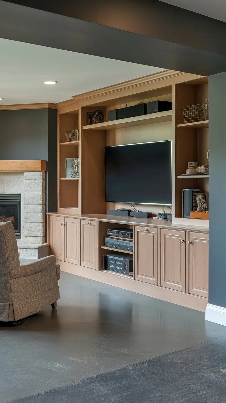 Ultimate basement entertainment center goals! This built-in entertainment center, complete with a basement fireplace built-ins and custom built-in cabinets, offers the perfect blend of style and functionality. Entertainment center ideas don't get much better than this.