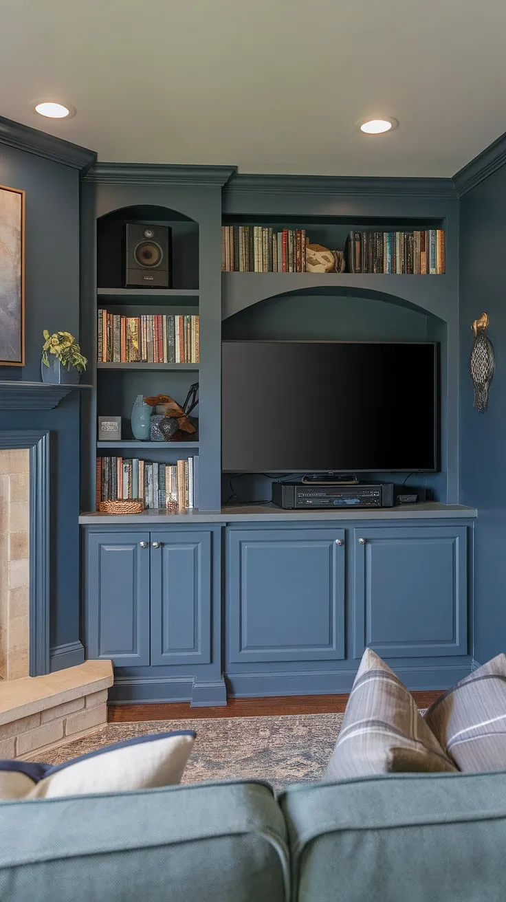 Transform your basement into a luxurious retreat with this custom-designed built-in entertainment center. The rich blue of the basement tv wall sets the mood, perfectly showcasing the built-in cabinets and integrated fireplace. The ample storage in the basement built-in storage keeps things tidy, while the shelves offer plenty of space for displaying personal touches. This man cave entertainment center is a masterclass in built-in decor ideas, providing inspiration for your own basement entertainment center design, including built in entertainment center paint colors.