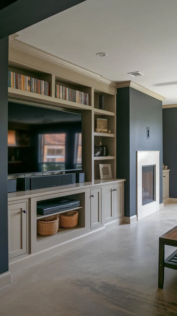 This basement tv wall is a game-changer. The built-in entertainment center, complete with a fireplace and ample basement built-in storage, is the ultimate man cave entertainment center. Clever built-in decor ideas and the perfect built in entertainment center paint colors make this space truly shine.
