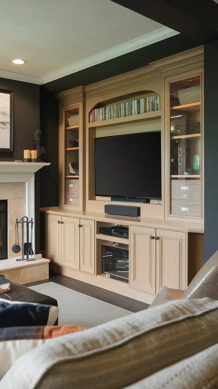 This dark-walled basement boasts a stunning built-in entertainment center, complete with a large TV, DVD player, and sound system. The basement fireplace built-ins add warmth and character, while the built-in cabinets provide ample basement built-in storage. This man cave entertainment center is a perfect example of built-in decor ideas, showcasing smart use of space and stylish design. The rich paint colors complement the built-in entertainment center perfectly, creating a sophisticated and inviting atmosphere. This basement tv wall is the ultimate entertainment hub.