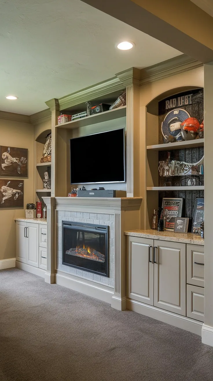Escape to this incredible basement entertainment center, a haven of comfort and style. The built-in entertainment center boasts a stunning basement TV wall, seamlessly integrated built-in cabinets, and a warm basement fireplace built-ins. The neutral built in entertainment center paint colors create a sophisticated backdrop for the man cave's unique decor, including sports memorabilia and a fully stocked bar. This space demonstrates brilliant built-in decor ideas and provides ample basement built-in storage. It's the perfect example of how to maximize space and create a truly exceptional entertainment area.