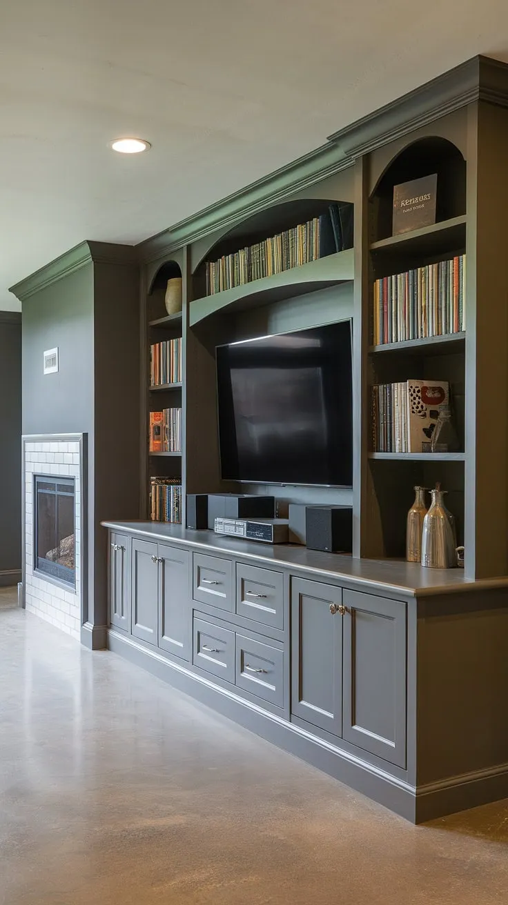 This basement tv wall transforms a forgotten space into a luxurious man cave entertainment center. The built-in entertainment center, complete with a fireplace and ample basement built-in storage, showcases clever built-in decor ideas and sophisticated built in entertainment center paint colors.