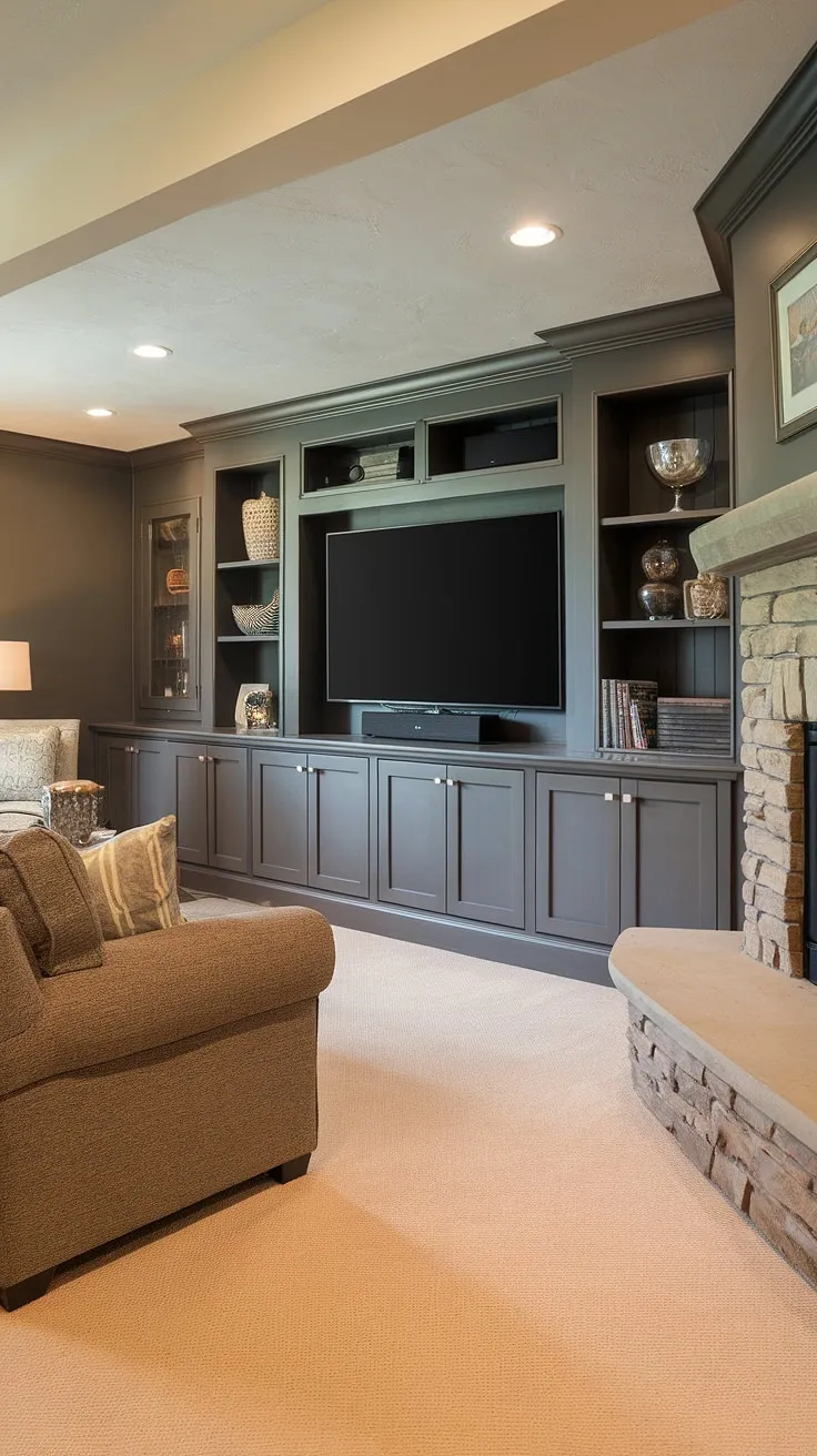 Unwind in this sophisticated basement entertainment center. The custom basement tv wall, featuring a built-in entertainment center with built in cabinets and a basement fireplace built ins, offers endless entertainment center ideas and smart built in storage solutions. The dark grey built in entertainment center paint colors add a touch of modern elegance.