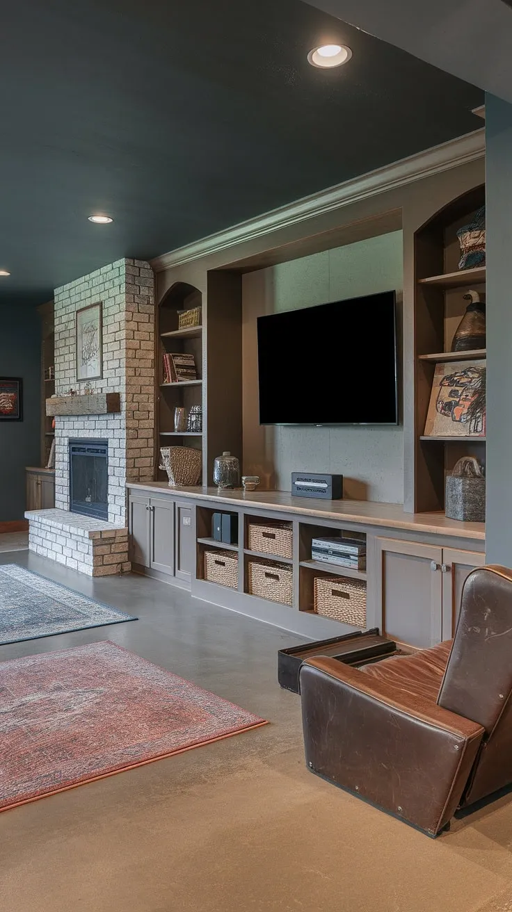 This basement transformation is a masterclass in man cave design. The dark gray walls provide a dramatic backdrop for the custom-built entertainment center, showcasing clever basement built-in storage solutions and a stunning basement tv wall. The built-in cabinets and fireplace built-ins add to the sophisticated, yet cozy atmosphere. The vintage car seat is a fun touch, highlighting creative built-in decor ideas. This basement entertainment center is a perfect example of how to maximize space and style. The built in entertainment center paint colors are perfectly chosen to complement the overall vibe.