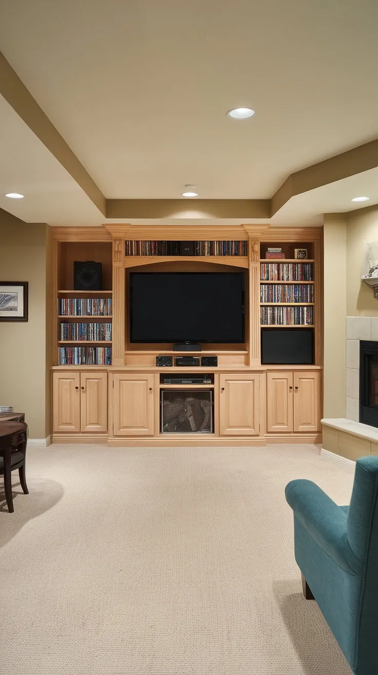 Transform your basement into a luxurious retreat with this custom basement tv wall. The built-in entertainment center, featuring basement built-in storage and a fireplace, is the ultimate basement entertainment center. This man cave entertainment center showcases exceptional built-in decor ideas, including stylish built-in cabinets. Consider these built in entertainment center paint colors for your own design.
