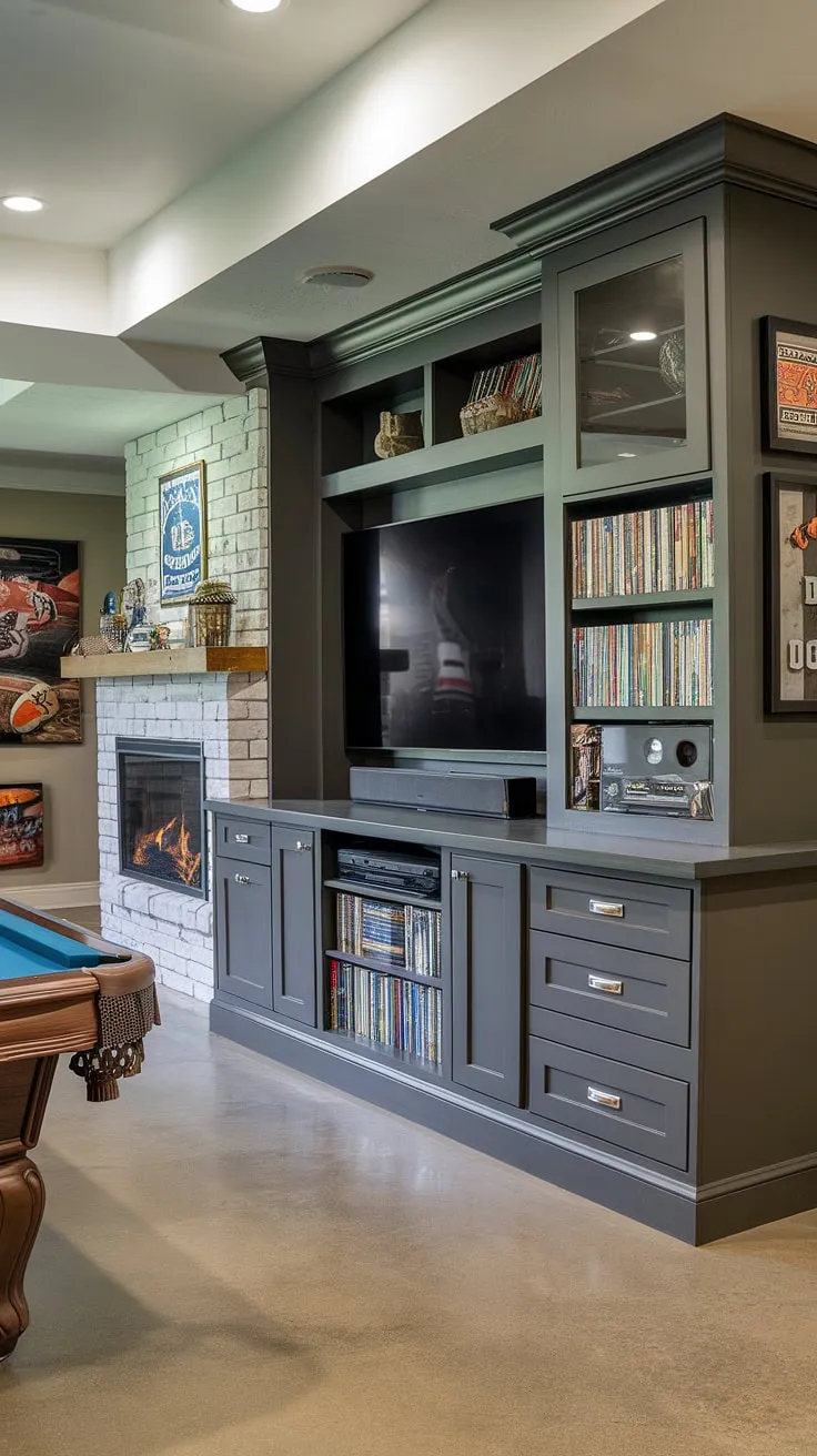 Unleash your inner sportsman in this game room boasting a stunning basement tv wall. The built-in entertainment center, complete with basement entertainment center storage and built in decor ideas, is the perfect blend of functionality and style. Explore endless entertainment center ideas with this impressive built in entertainment center.