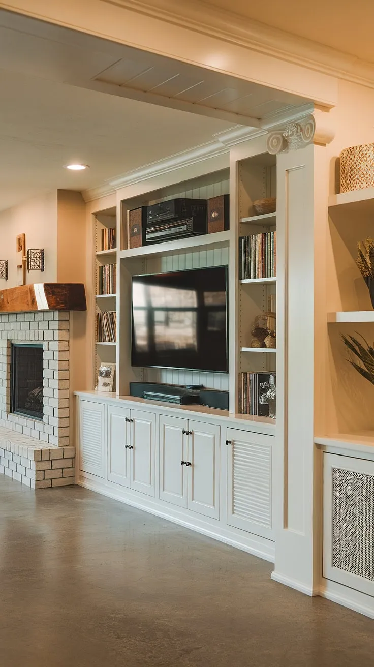 This basement tv wall is a masterpiece! The built-in entertainment center, complete with a fireplace and ample basement built-in storage, is the ultimate man cave entertainment center. Clever built-in decor ideas and thoughtful built in cabinets elevate the space, showcasing inspiring entertainment center ideas and showcasing the perfect built in entertainment center paint colors.