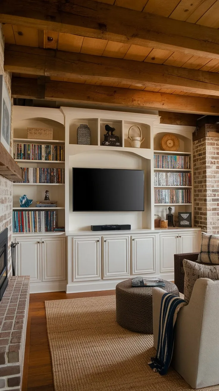 This rustic basement boasts a stunning built-in entertainment center, complete with a large basement TV wall, perfect for movie nights. The man cave entertainment center features built-in cabinets overflowing with movies and games, showcasing clever built-in decor ideas. A cozy seating area invites relaxation, while the basement fireplace built-ins and ample basement built-in storage add to the charm. The warm, inviting atmosphere is enhanced by thoughtful built in entertainment center paint colors.