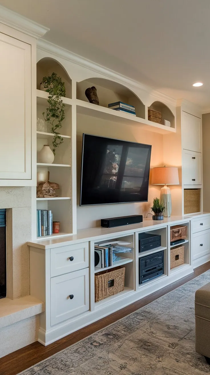 Dreamy basement entertainment center goals! This built-in entertainment center, featuring a stunning basement TV wall and fireplace, showcases brilliant entertainment center ideas and basement built-in storage solutions. Note the built in cabinets and consider the built in entertainment center paint colors for your own space.
