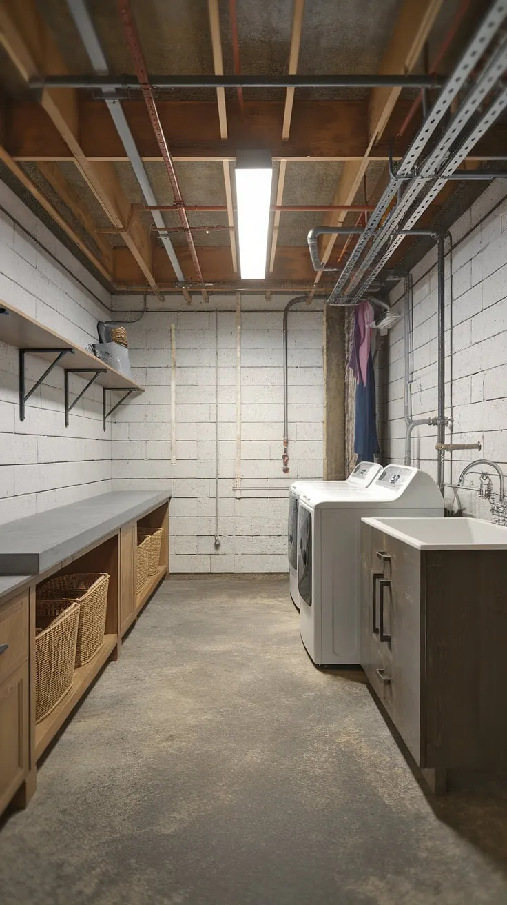 Laundry room inspiration at its finest! This laundry room renovation showcases how a basement utility room can be converted into a dream laundry room. The exposed pipes add industrial charm, while the white walls and bright lighting create a fresh and airy feel. Clever laundry room layouts incorporate a sink, storage shelves, and a hanging rod, making this the perfect home laundry room and even a functional mudroom laundry solution. Get your laundry ideas flowing with this stunning example of laundry room layouts.