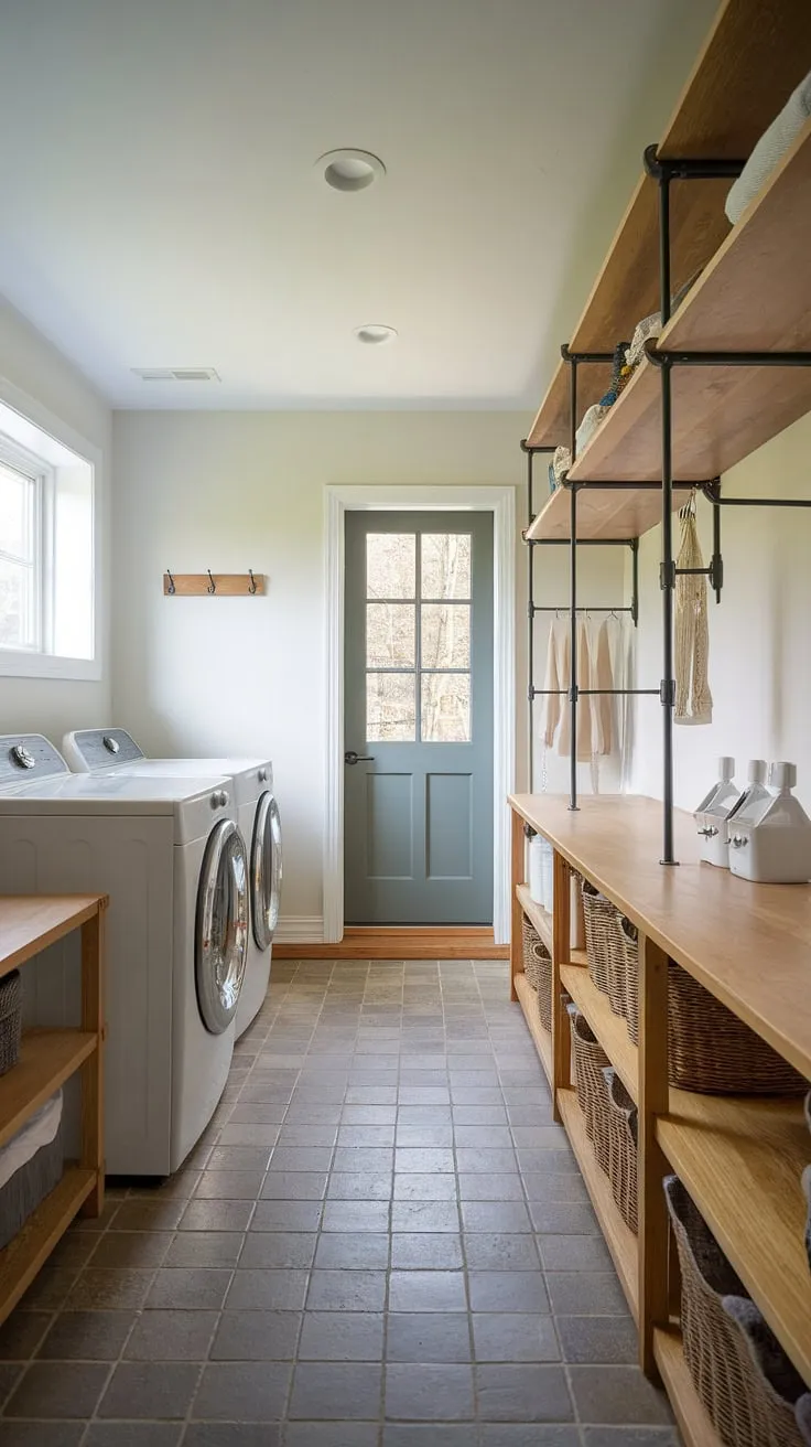Achieve your dream laundry room with this laundry room inspiration. This laundry mudroom boasts a functional design, seamlessly blending a basement utility room with a bright and airy laundry space. The thoughtful laundry room layouts, including the wooden shelving and exterior access, make this laundry room renovation a true success story. Get laundry ideas from this home laundry room and transform your own space.