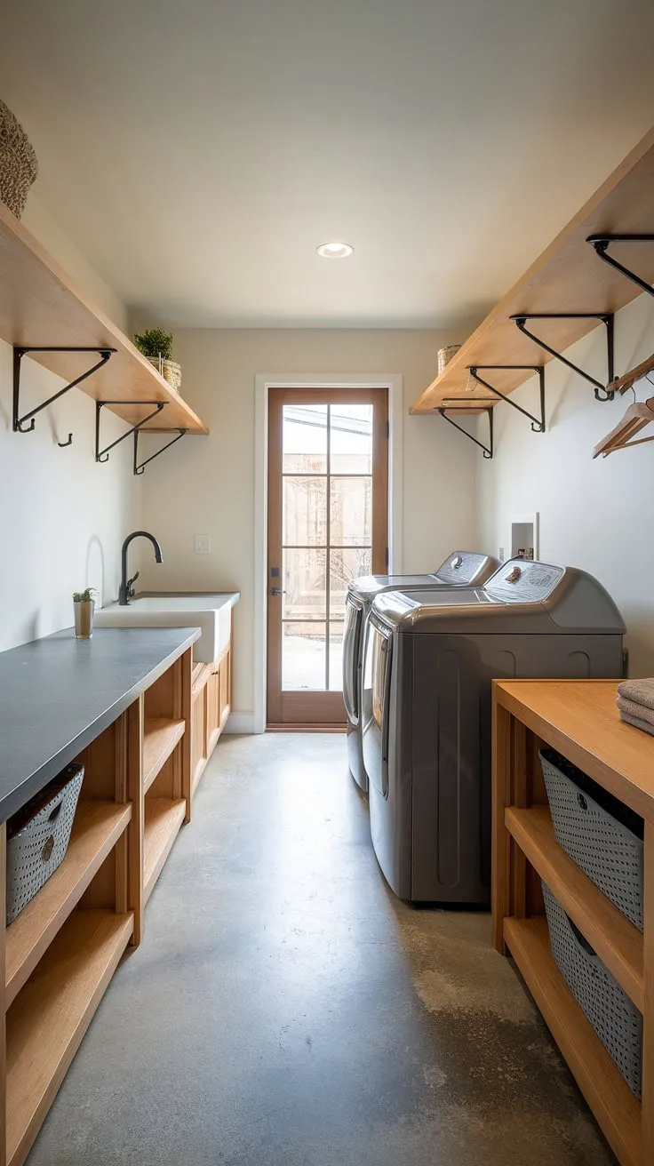 This dream laundry room, a perfect blend of basement utility room functionality and modern design, offers endless laundry room inspo. The clever laundry room layouts maximize space, with wooden shelves, a convenient sink, and ample countertop space. Perfect for a laundry room renovation, this space seamlessly integrates laundry ideas with mudroom laundry functionality, creating a true laundry mudroom haven. The concrete floor and white walls provide a clean backdrop, while the exterior door adds extra convenience. This home laundry room is the ultimate laundry room inspiration.