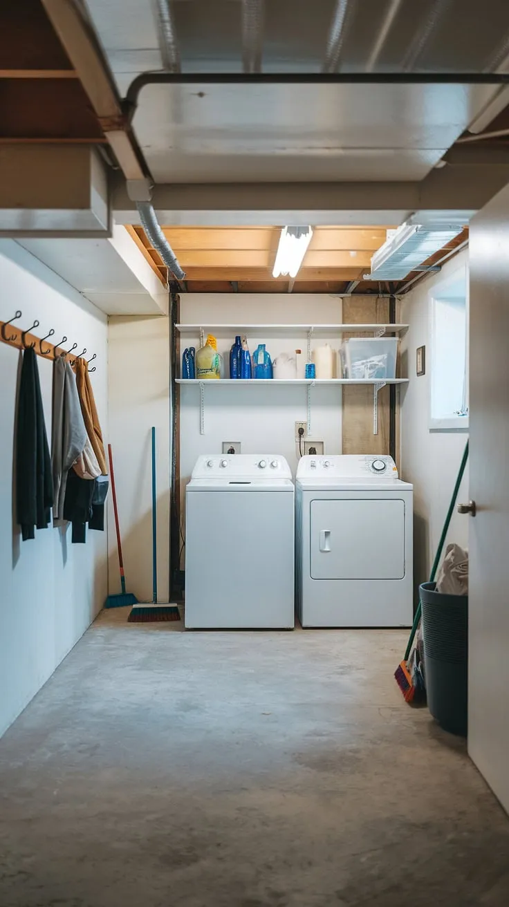Laundry room inspiration abounds in this functional basement utility room. Clever laundry ideas, like the dedicated storage and mudroom laundry combo, make this laundry mudroom a true dream laundry room. Consider this for your next laundry room renovation.